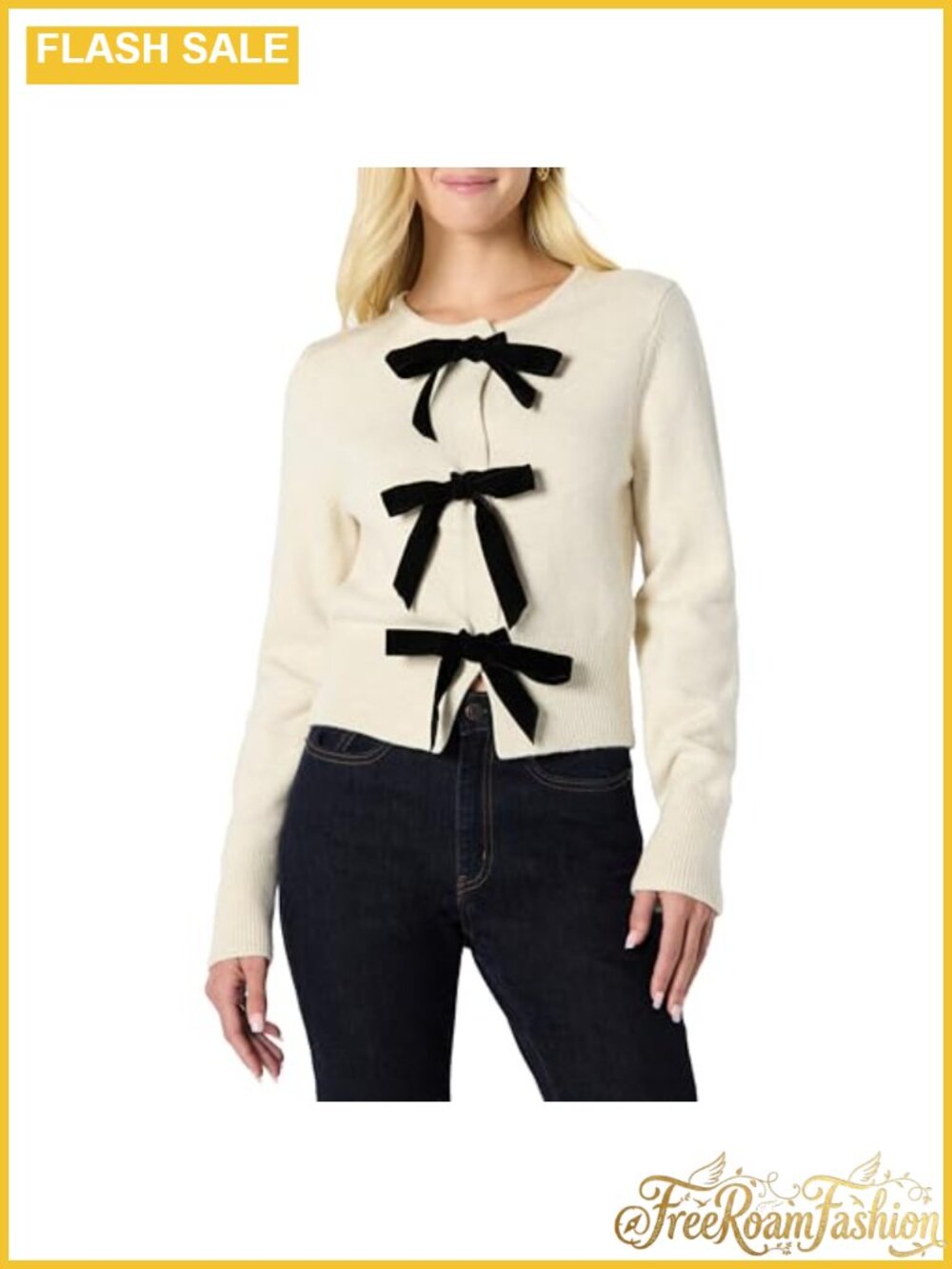 Women's Long Sleeve Tie Front Cardigan Rib Cuff Round Neck